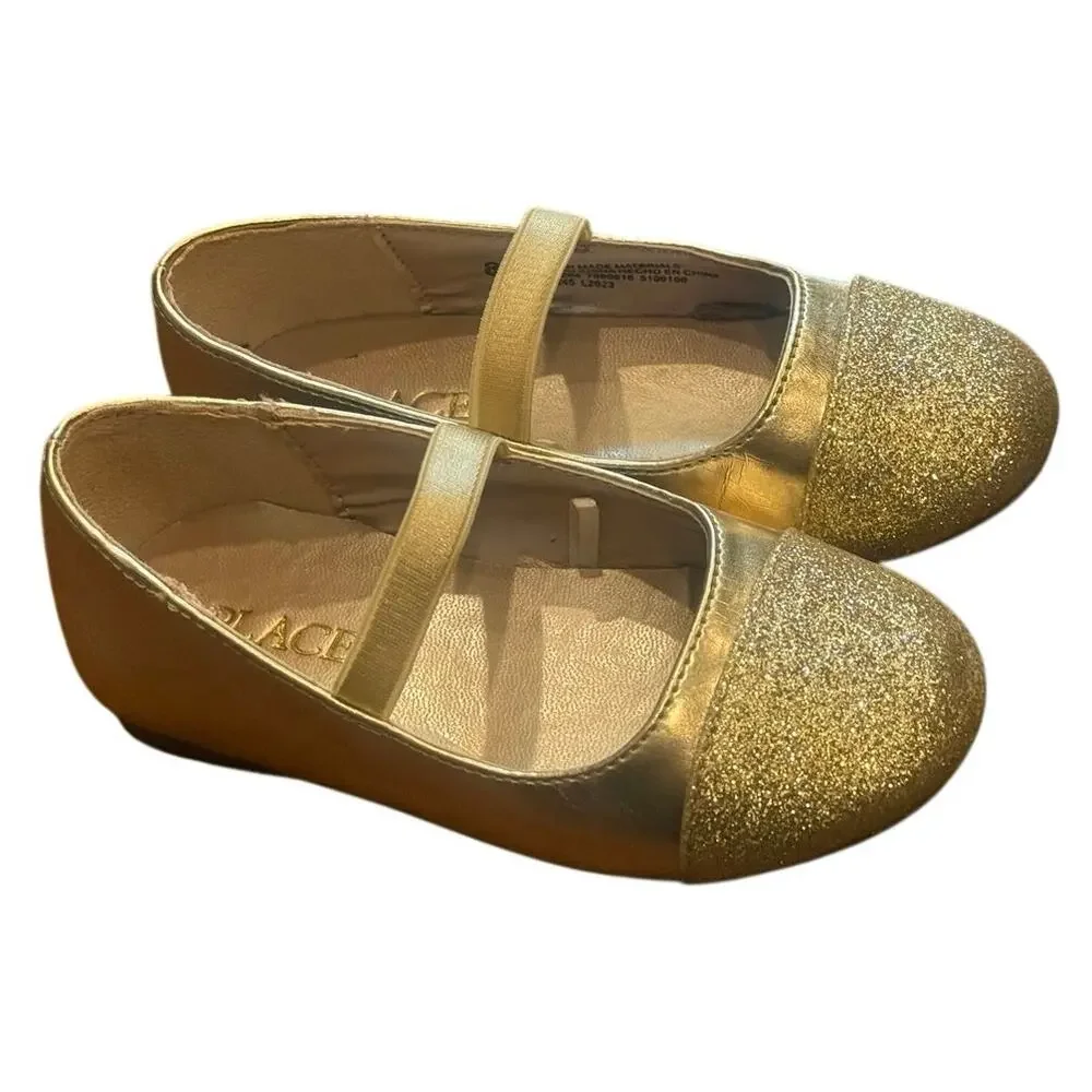 The Children’s Place Gold Glitter Mary Jane Flats Girls Size 8 Dress Shoes